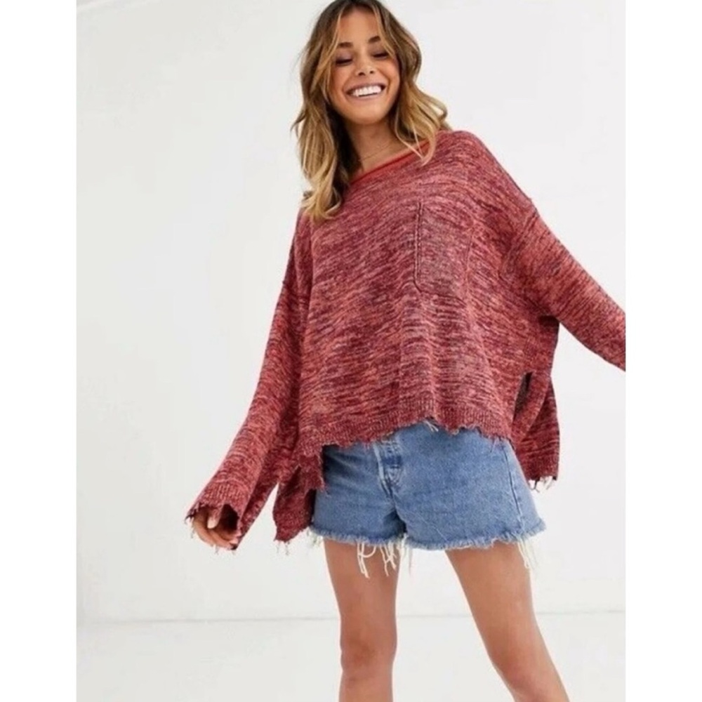 Free People Sweater Large Pullover Oversized Boxy Slouchy Fray Edges Knit Red